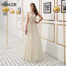 Longo elegante vestido de noite 2019 uma linha tule lantejoulas cristal sheer neck até o chão rosa festa formal feminino vestidos de noite 2024 - compre barato