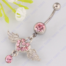Belly button ring body piercing wings crystal heart Navel bar jewelry belly ring 14G 316L surgical steel bar Free shipping 2024 - buy cheap
