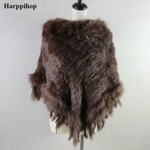 2018 Real dense  Knitted rabbit Fur Shawl poncho stole shrug cape robe tippet wrap women's winter raccoon fur tassel poncho 2024 - buy cheap