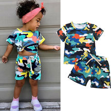 Conjunto de roupas camufladas 1-6 anos, camiseta de manga curta + calça, roupas de verão para meninas 2024 - compre barato