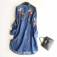 Spring Women Floral Embroidery Denim Dress Vintage Blue Long Sleeve Casual Dresses Summer Plus Size Shirt Dress 2024 - buy cheap