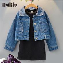 Halilo Crianças Criança Roupas Das Meninas Da Forma 2019 Outono Denim Casaco + Vestido 2pcs Crianças Caem Roupas de Volta Para A Escola conjunto de Roupas menina 2024 - compre barato