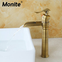 Monite New Antique Brass Solid Brass Bathroom Basin Sink Mixer Tap Basin Faucet Deck Mounted Waterfall Faucet torneira Washbasin 2024 - buy cheap
