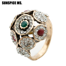 SUNSPICE-anillos de flores redondas para mujer, joyería de boda india Vintage, mosaico de cristal azul, Color dorado antiguo, regalo de amor 2024 - compra barato