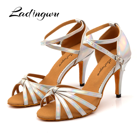 Ladingwu Latin Dance Shoes Salsa Dance shoes Silver discoloration PU Ballroom Dance Shoes Women Heel 6-10cm 2022 - buy cheap