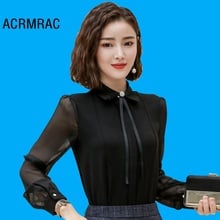 Acrmrac blusa e camisa feminina formal para negócios, roupa fina de malha com mangas compridas e costura, 867 2024 - compre barato