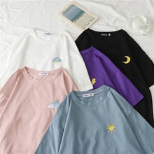harajuku funny Cartoon embroidery t shirt Summer Short Sleeve casual loose Tshirt korean ulzzang Women T-shirts black white top 2024 - buy cheap