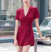 Elegant v neck ruched linen women romper Summer buttons ruffle cotton short jumpsuit Casual sexy red overall 2024 - buy cheap