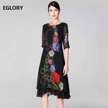 Nueva Ropa de talla grande de alta calidad 2019 vestido Vintage Primavera Verano mujeres cuello redondo estampado Floral elegante medio becerro vestido negro 4xl 2024 - compra barato