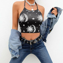 Women Hip Summer Casual Halter Moon Print Bare Midriff Slim fit Tank Top Vest Sleeveless Crop Tops 2024 - buy cheap