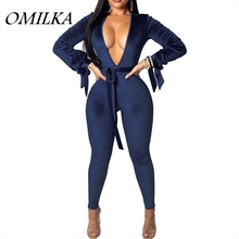 OMILKA Velvet Bandage Rompers and Jumpsuits 2018 Autumn Winter Women Long Sleeve V Neck Backless Bodycon Club Party Overalls 2024 - buy cheap