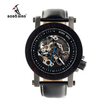 Relógio mecânico masculino de marca de luxo bobo bird, relógio preto de madeira, pulseira de couro genuíno, relógio masculino, caixas de presentes de madeira k10 2024 - compre barato