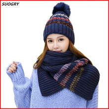 Autumn Winter hat and scarf Sets For women's hat Thick Warm Knitted Beanies For Girls Fur Ball Skullies Thick Female Beanie 2024 - buy cheap