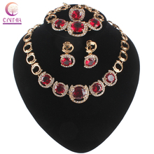 Women Wedding Jewelry Sets Classic Red Gem Crystal Gold color Crystal Zircon Earring Pendant Necklace Ring Bracelet Jewelry Set 2024 - buy cheap