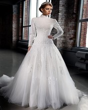 Ivory Beaded Lace Appliques Arabic Modest Long Sleeves Muslim Wedding Dresses vestido de noiva 2019 Turkey Country Western 2024 - buy cheap