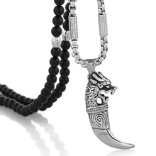 Stainless Steel Dragon Head Wolf Tooth Pendant Necklace with Black Natural Stone Necklace 27 inch Chain 2024 - buy cheap