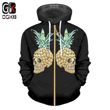 OGKB Zip Hoodies Black Women/men's 3d Digtial Print Pineapple Skull Sweatshirt Hoodie Unisex High Street Punk Cap Jacket Blouse 2024 - buy cheap