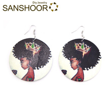 SANSHOOR Painting African Queen Natural Hair Wood Dangle Earrings 6cm Afrocentric Ethnic Jewelry As Women Christmas Gift 1Pair 2024 - buy cheap