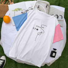 Camiseta Harajuku de algodón con cuello redondo para mujer, retales multicolor, camiseta Kpop coreana, pantalón corto de manga corta, ropa de calle holgada Tumblr 2024 - compra barato
