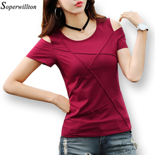 Женская футболка размера плюс, хлопковые топы, женская футболка, Camisetas Mujer, 2021, с открытыми плечами, с коротким рукавом, женская летняя футболка красного цвета T13 2024 - купить недорого