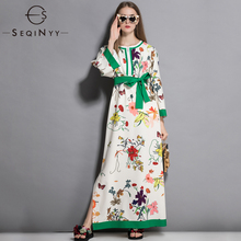 SEQINYY Printed Beige Dress Flowers 2018 Autumn New High Street Ladies' Style Green Belt 3/4 Sleeve Loose Split Loose Long Dress 2024 - buy cheap