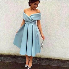 Baby Blue Off the Shoulder Evening Dresses 2019 A-Line Satin Ankle Length Dubai Arabic Pleated Elegant Evening Gown Prom Dress 2024 - buy cheap