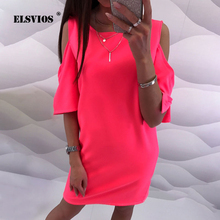ELSVIOS 2019 Solid Color Off Shoulder Short Sleeve Women Dress Summer O Neck Slim Mini Short Dress Female Beachwear Casual Dress 2024 - buy cheap