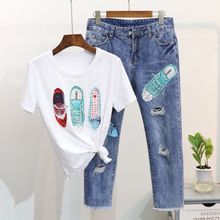 European Spring Garment 2019 New Nail-pearl Sequined Short-sleeved T-shirt + Hole Seven-cent Jeans Suit Tide RE2474 2024 - buy cheap