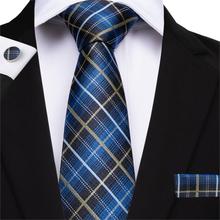DiBanGu-Corbata de seda de 150cm para hombre, corbata de 100% cm de largo, a rayas azules y amarillas, mancuerna de pañuelo, conjunto de corbata para fiesta de boda y negocios, nuevo 2024 - compra barato