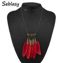 Seblasy Vintage Antique Gold Color Long Sweater Chain Necklaces Red Black Feather Tassels Necklaces For Women Party Jewelry 2024 - buy cheap