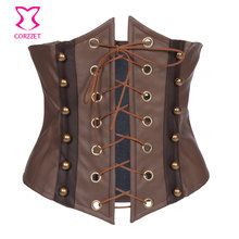 Front Lace Up Brown Leather Underbust Corset Steampunk Waist Slimming Corsets Waist Trainer Espartilhos E Corpetes Emagrecimento 2024 - buy cheap