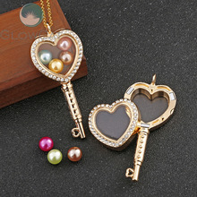 Gold Color Peach Heart Key Can open Glass Lockets Necklace Magnetic Living Memory Floating Pendant 50cm Steel Chain Necklace 2024 - buy cheap