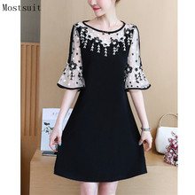 M-5xl Black Lace Summer Dress Floral Embroidered Sexy Vintage Elegant Party Dresses Flare Sleeve O-neck Vestidos 2022 2024 - buy cheap
