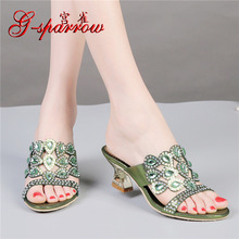 2018 New Diamond Sandals Green Cheap Chunky High Heels Best Luxury Casual Shoes Ladies Leather Slippers 2024 - buy cheap