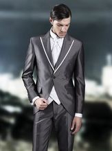 Новейший дизайн пальто и брюк, серый атласный облегающий мужской костюм, костюмы, итальянский смокинг, под заказ, 3 предмета, блейзер для жениха и выпускного вечера, Terno Masculino 2024 - купить недорого
