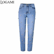 LOGAMI High Waist Jeans With Pearls Woman Spring Summer Women Denim Pants Ladies Jeans 2024 - buy cheap