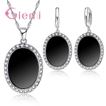 Classic Shiny Crystal Jewelry Set With Charm Black Oval CZ Pendant Necklace+Drop Earrings+Silver Chains Sets For Women 2024 - buy cheap