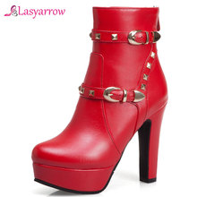 Lasyarrow 2019 Fashion Platform Ankle Boots Women Shoes Rivet Buckles High Heel Zip Party Shoes Woman Boots Female booties J1003 2024 - buy cheap