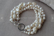 Wholesale Pearl Jewelry, Wedding Bridesmaids Bracelet, 6-14mm 4 Rows Genuine Freshwater Pearl Bracelet, Free Shipping. 2024 - buy cheap