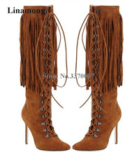 Winter Women Fashion Pointed Toe Suede Leather Long Tassels Knee High Boots Lace-up Customize Thin Heel Long Boots 2024 - buy cheap