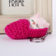 Sleeping Cat Pompom Keychains For Women Girls Handmade Woven Shoes Faux Rabbit Fur Kitten Key Chains Fluffy Car Bag Key 2024 - buy cheap