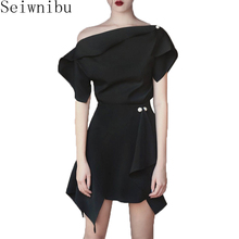 Seiwnibu-Conjunto de 2 uds. De Camiseta con volantes negros a la moda, Tops con hombros descubiertos + conjuntos de falda con perlas, pasarela, verano 2020 2024 - compra barato