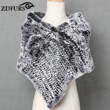 ZDFURS *Real Knitted Rex Rabbit Fur Cape Triangle fur shawl Stole Wrap rabbit fur Poncho Scarf Neck Warmer 2024 - buy cheap
