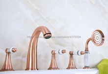 Antique Red Copper 5pcs Bathroom Tub Sink Faucet with Hand Shower Deck Mounted 5 Holes Three Ceramic Handles Ntf207 2024 - buy cheap