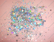 50 граммов/мешок x Смешанные Лазерные Серебристые цвета (блестящий порошок + шестиугольник) форма для украшения ногтей и блестящих ремесел 2024 - купить недорого