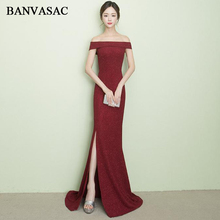 BANVASAC 2018 Sequined Boat Neck Split Mermaid Long Evening Dresses Party Short Sleeve Sweep Train Backless Prom Gowns 2024 - buy cheap