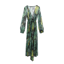 Womens Long Sleeve Dress Beach Vintage Maxi Loose V Neck Belt Lace Up Ladies Floral Dress 2024 - buy cheap