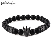 Micro Pave Black CZ Zirconia Gold King Crown Charm Bracelet Men Dull Polish Matte Bead natural Stone Bracelets & bangles Jewelry 2024 - buy cheap