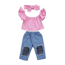 Kids Children Baby Girls Clothes Set Pink Blouse Toddler Off Shoulder Tops Long Denim Mesh Pants Headband Girl Clothing 3Pcs 2024 - buy cheap