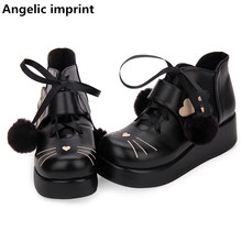 Angelic imprint mori girl Women sweet ankle boots lady lolita Boots woman mid heels pumps wedges shoes cat face Fleeces inside 2024 - buy cheap
